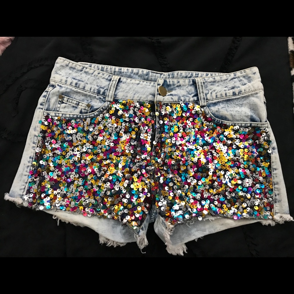 Sequin Denim Shorts, Size Medium.